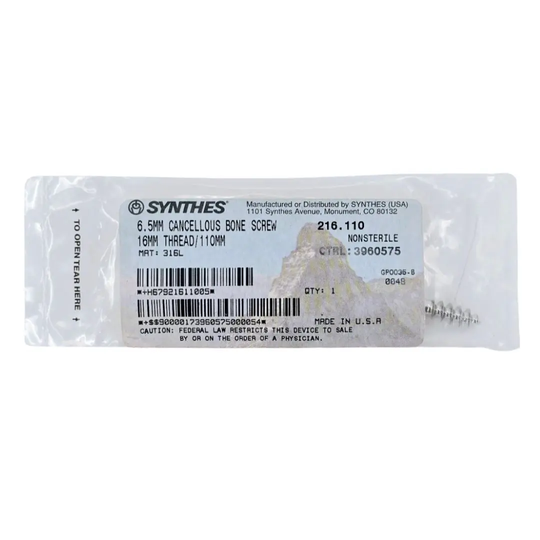 Synthes 216.110 6.5mm Cancellous Bone Screw 16mm Thread/110mm