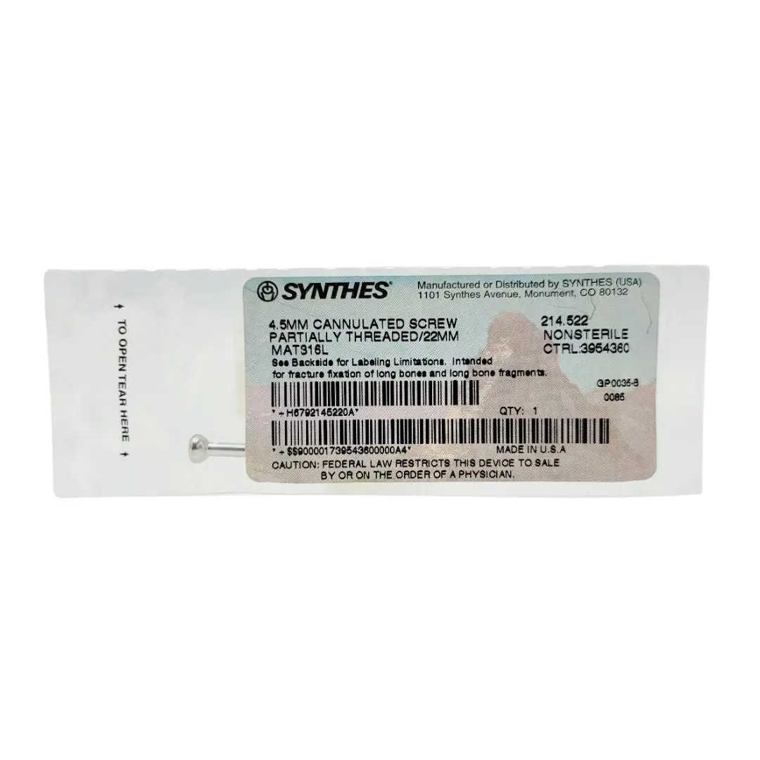 Synthes 214.522 4.5mm Cannulated Screw Partially Threaded/22mm