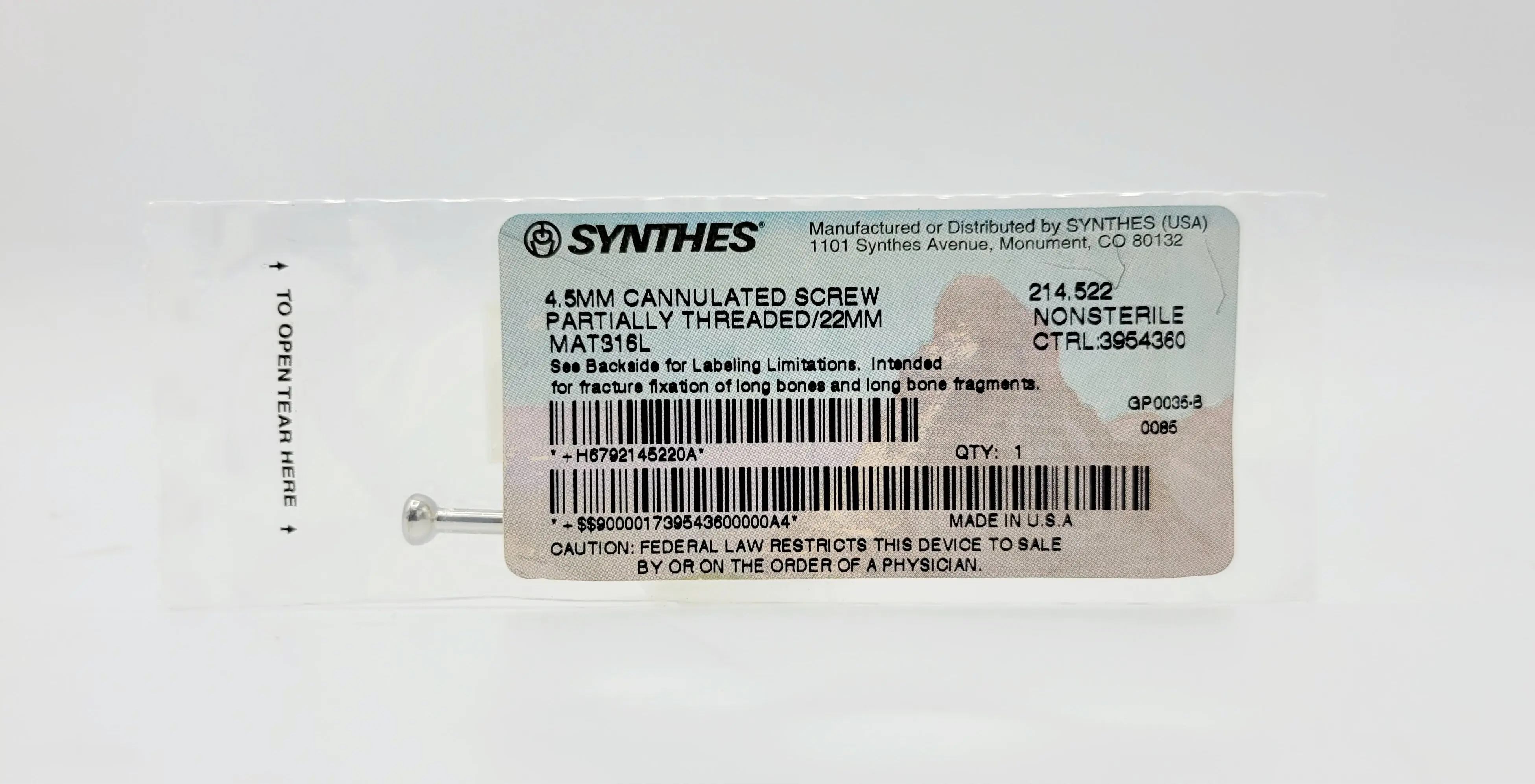 Synthes 214.522 4.5mm Cannulated Screw Partially Threaded/22mm - Image 2