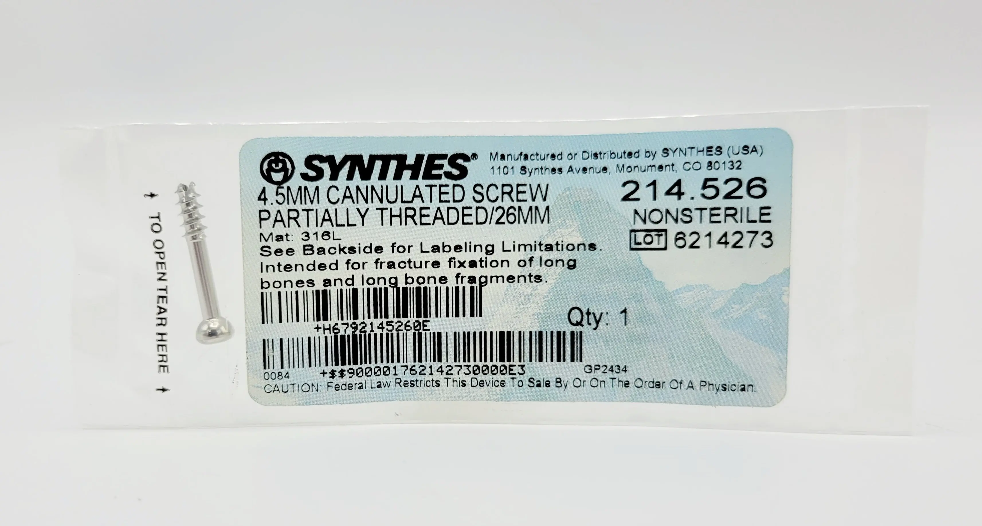 Synthes 214.526 4.5MM Cannulated Screw Partially Threaded /26MM - Image 2