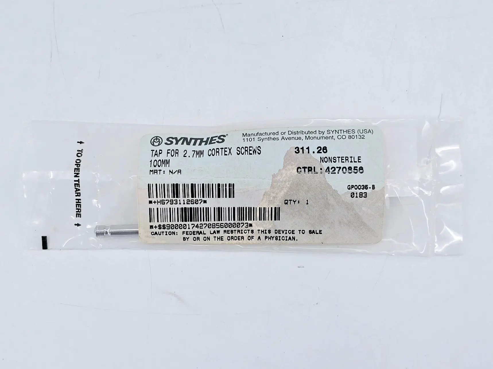 Synthes 311.26 Tap for 2.7mm Cortex Screws 100mm - Image 2