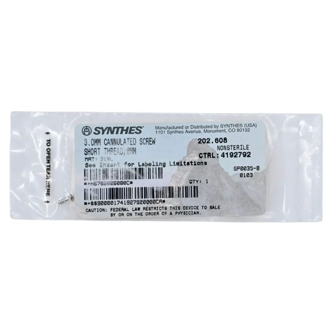 Synthes 202.608 3.0mm Cannulated Screw Short Thread/8mm