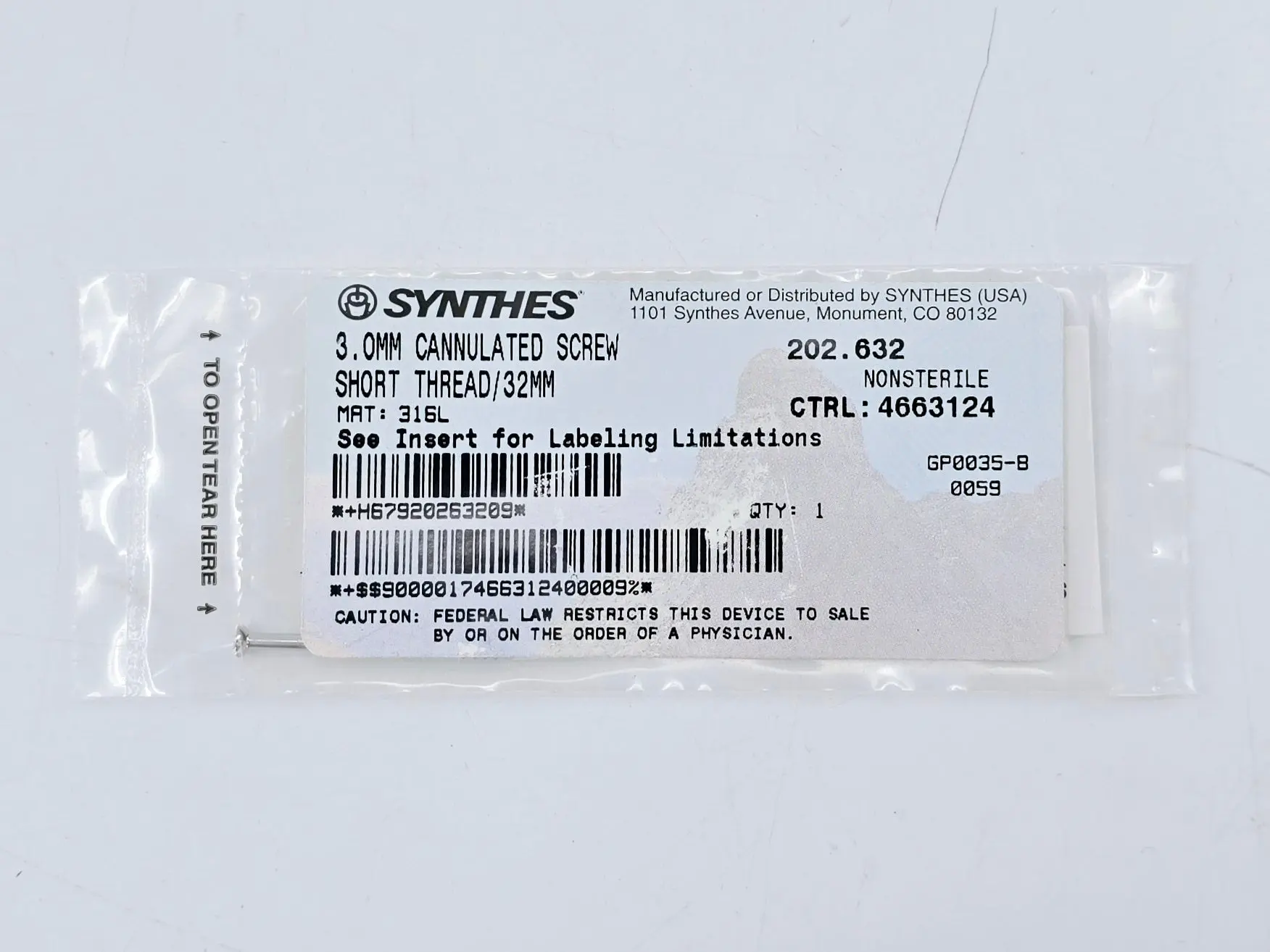 Synthes 202.632 3.0mm Cannulated Screw Short Thread/32mm - Image 2