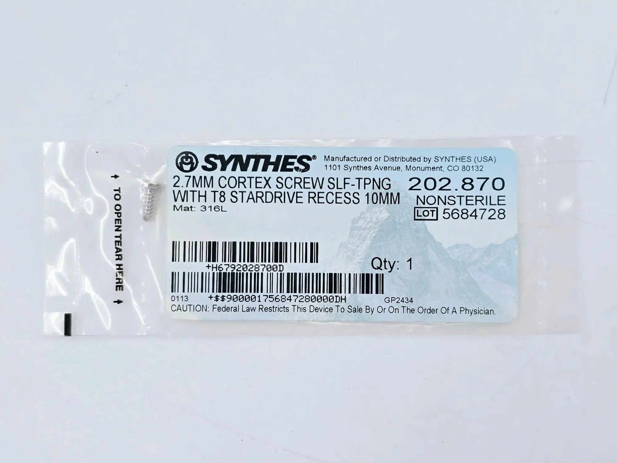 Synthes 202.870 2.7mm Cortex Screw Self-Tapping w/ T8 Stardrive Recess 10mm - Image 2