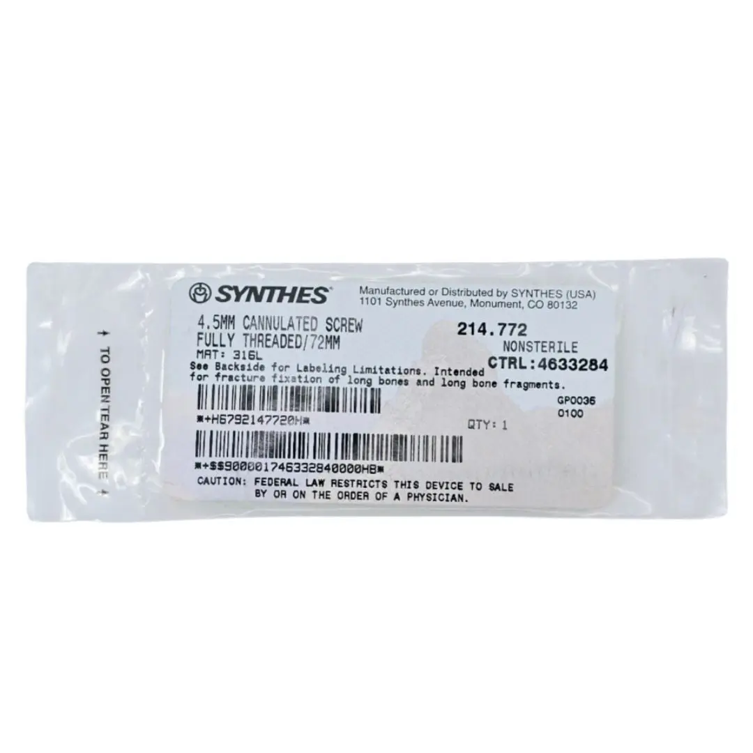 Synthes 214.772 4.5mm Cannulated Screw Fully Threaded/72mm