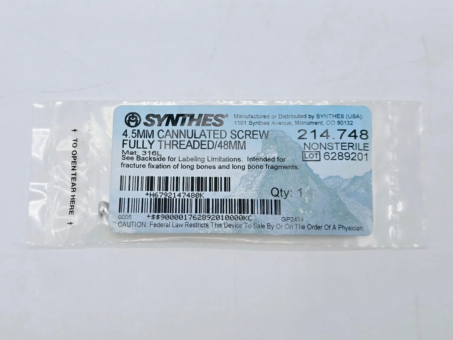 Synthes 214.748 4.5mm Cannulated Screw Fully Threaded/48mm - Image 2