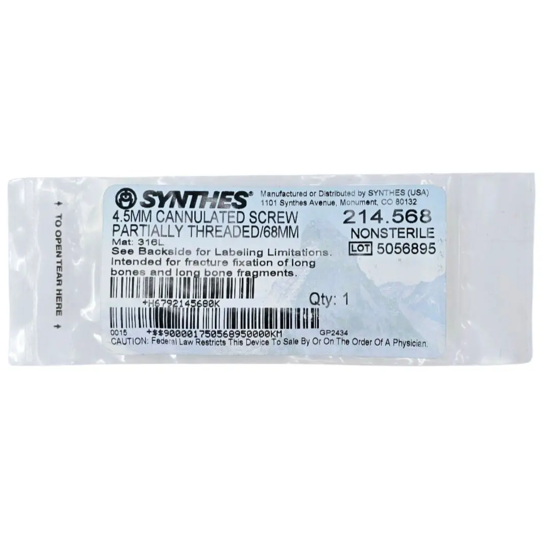 Synthes 214.568 4.5mm Cannulated Screw Partially Threaded/68mm