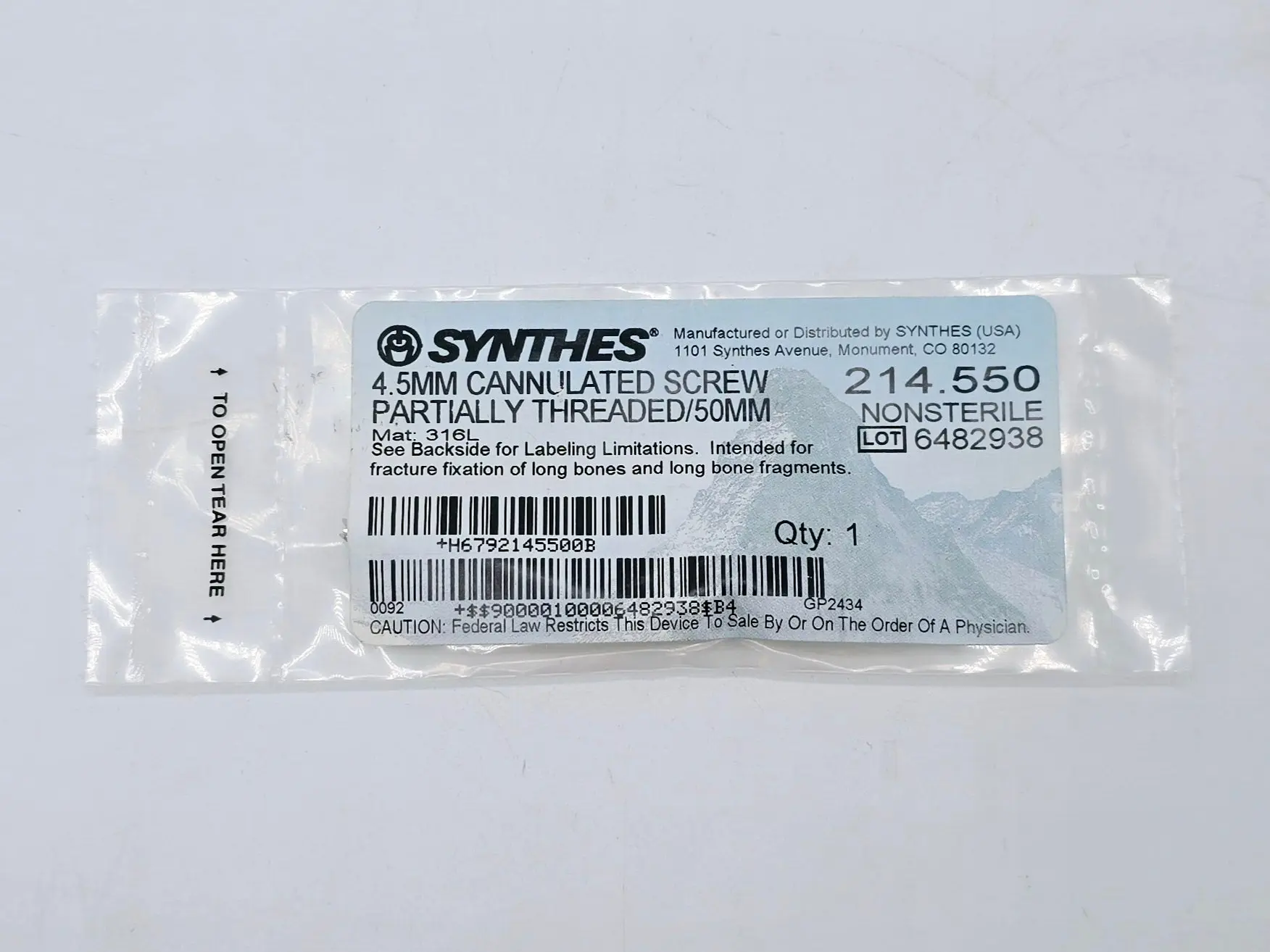 Synthes 214.550 4.5mm Cannulated Screw Partially Threaded/50mm - Image 2