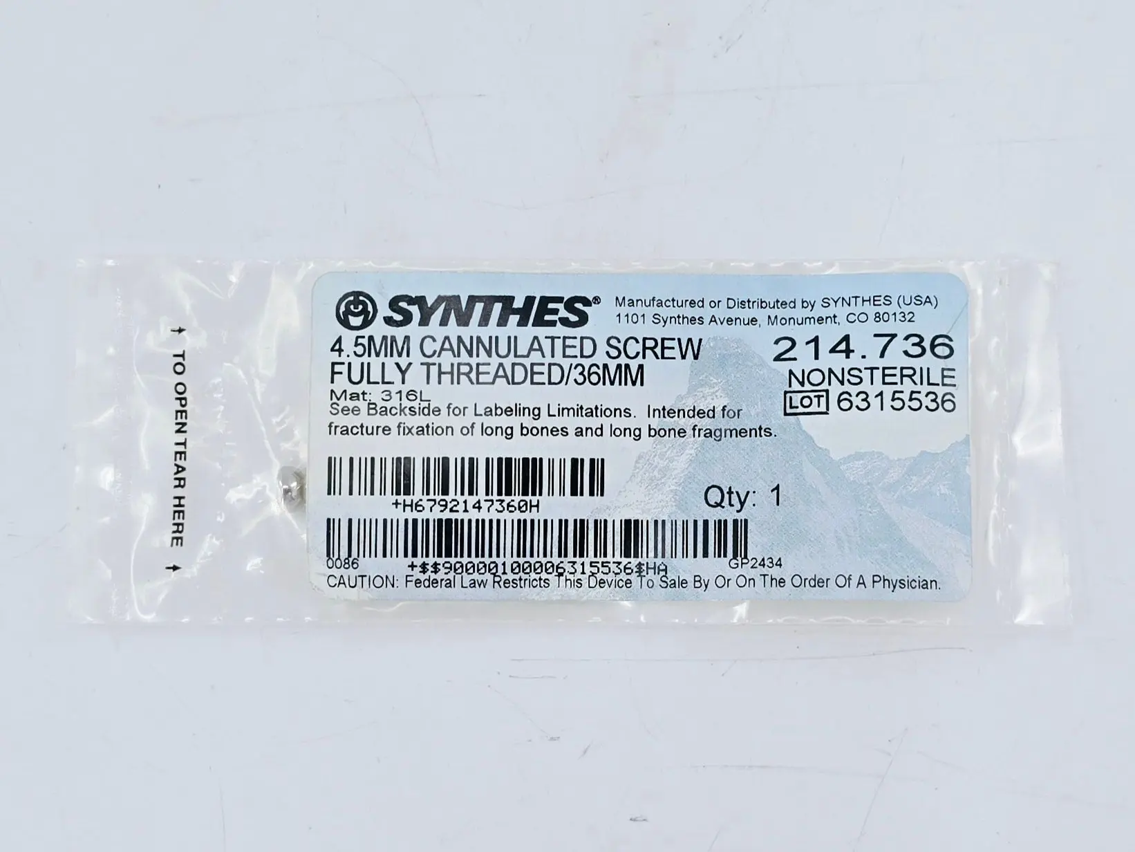 Synthes 214.736 4.5mm Cannulated Screw Fully Threaded/36mm - Image 2