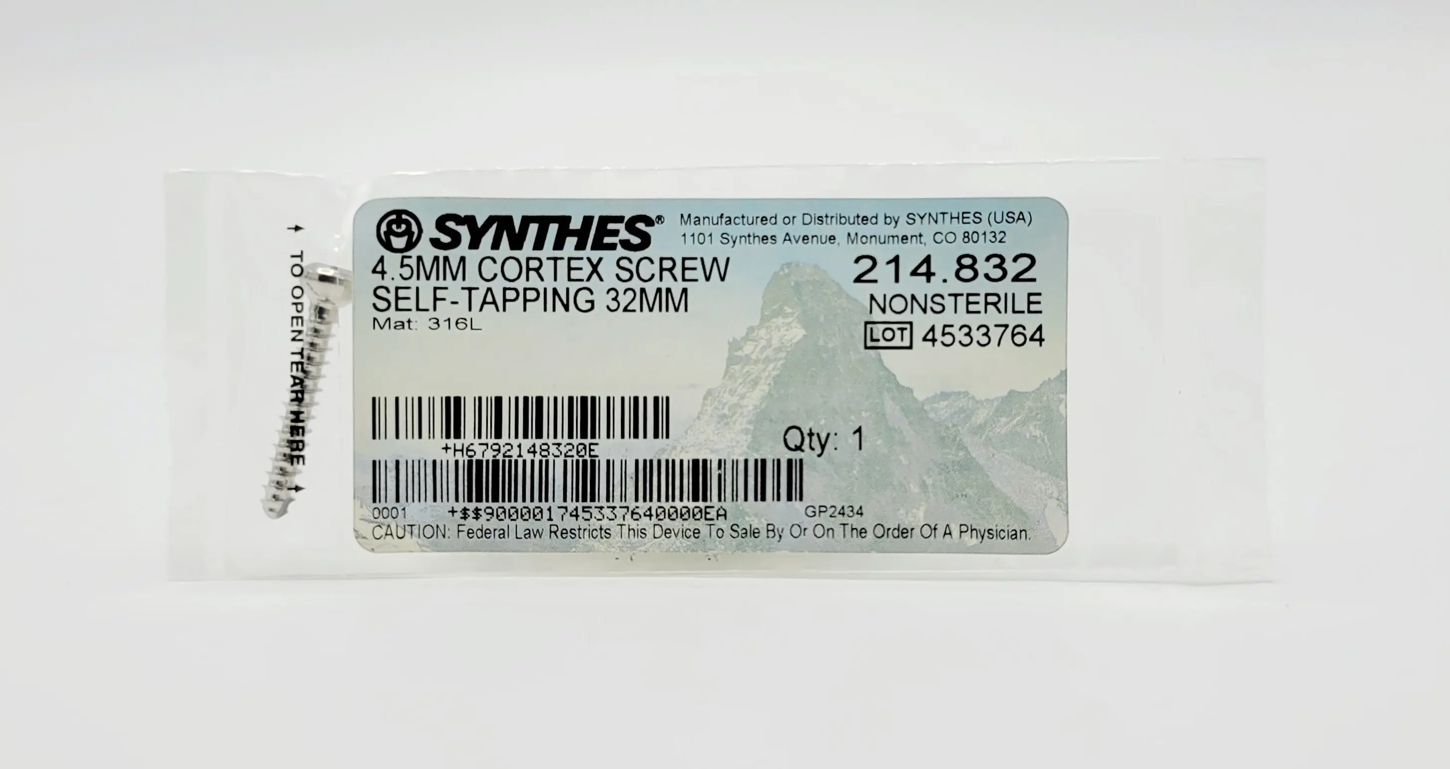 Synthes 214.832 4.5mm Cortex Screw Self-Tapping 32mm Orthopedic Hardware - Image 2