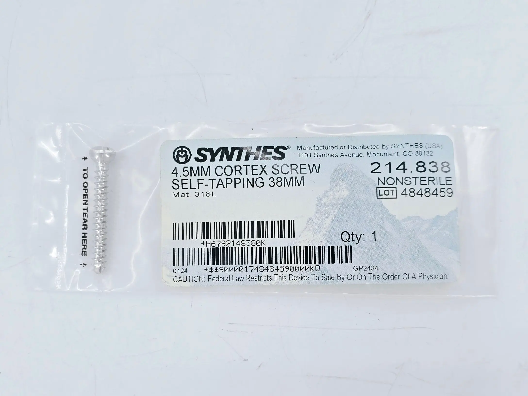 Synthes 214.838 4.5mm Cortex Screw Self-Tapping 38mm - Image 2