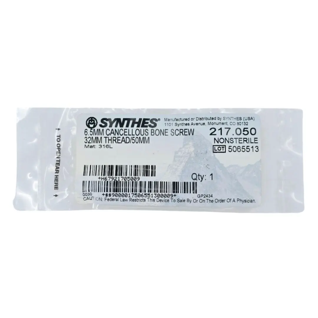 Synthes 217.050 6.5mm Cancellous Bone screw 32mm Thread/50mm