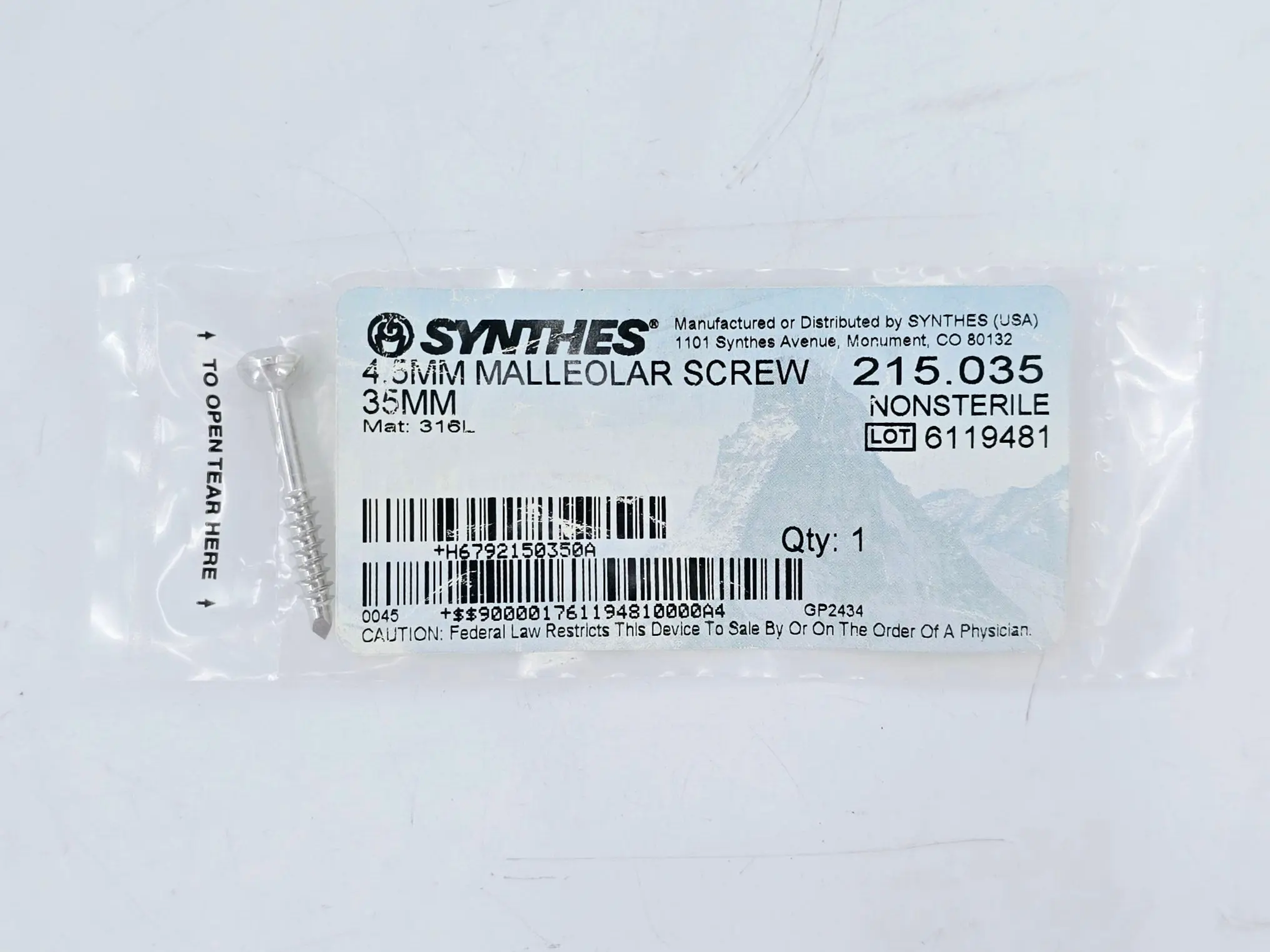 Synthes 215.035 4.5mm Malleolar Screw 35mm - Image 2