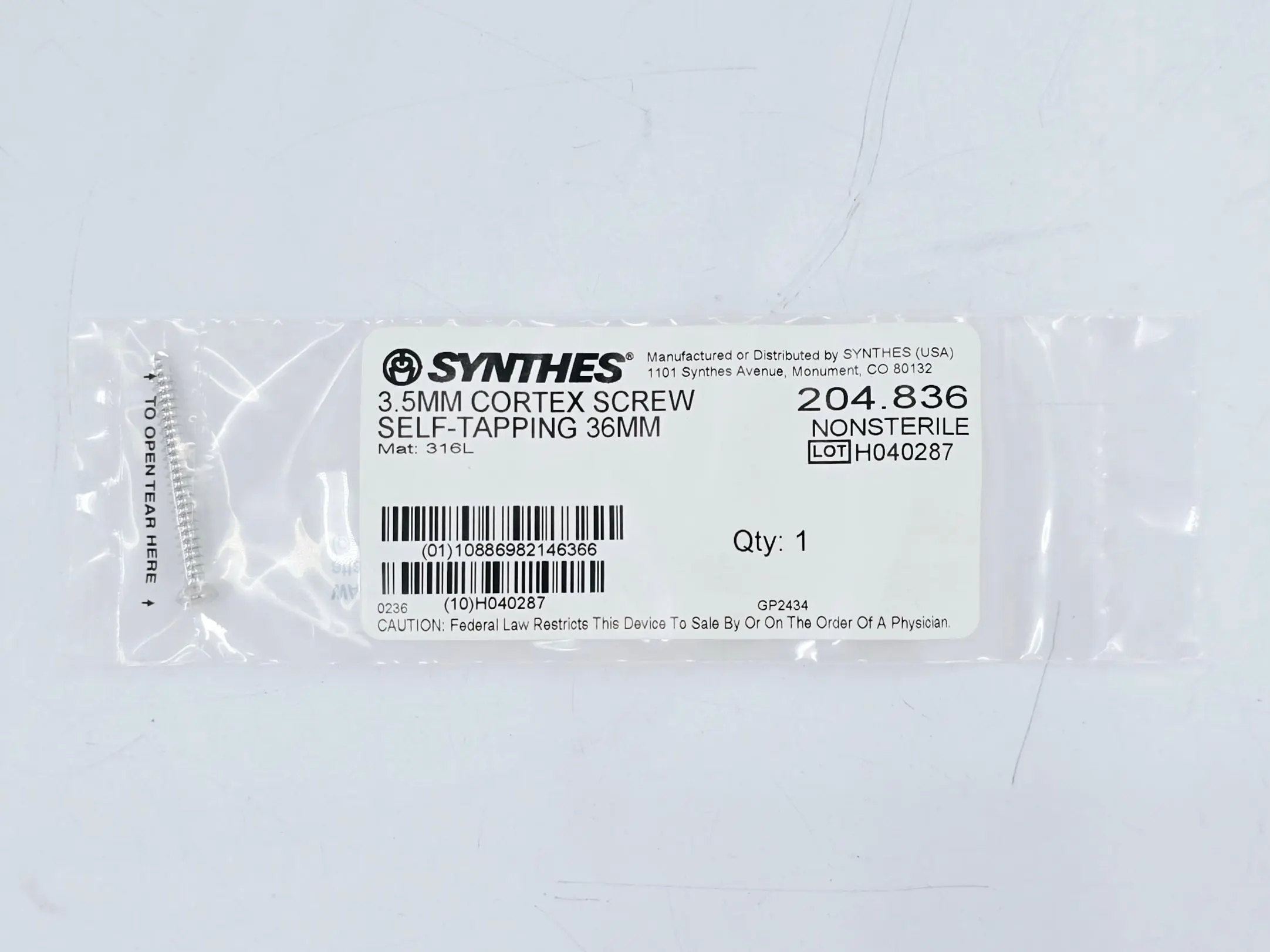 Synthes 204.836 3.5mm Cortex Screw Self-Tapping 36mm - Image 2