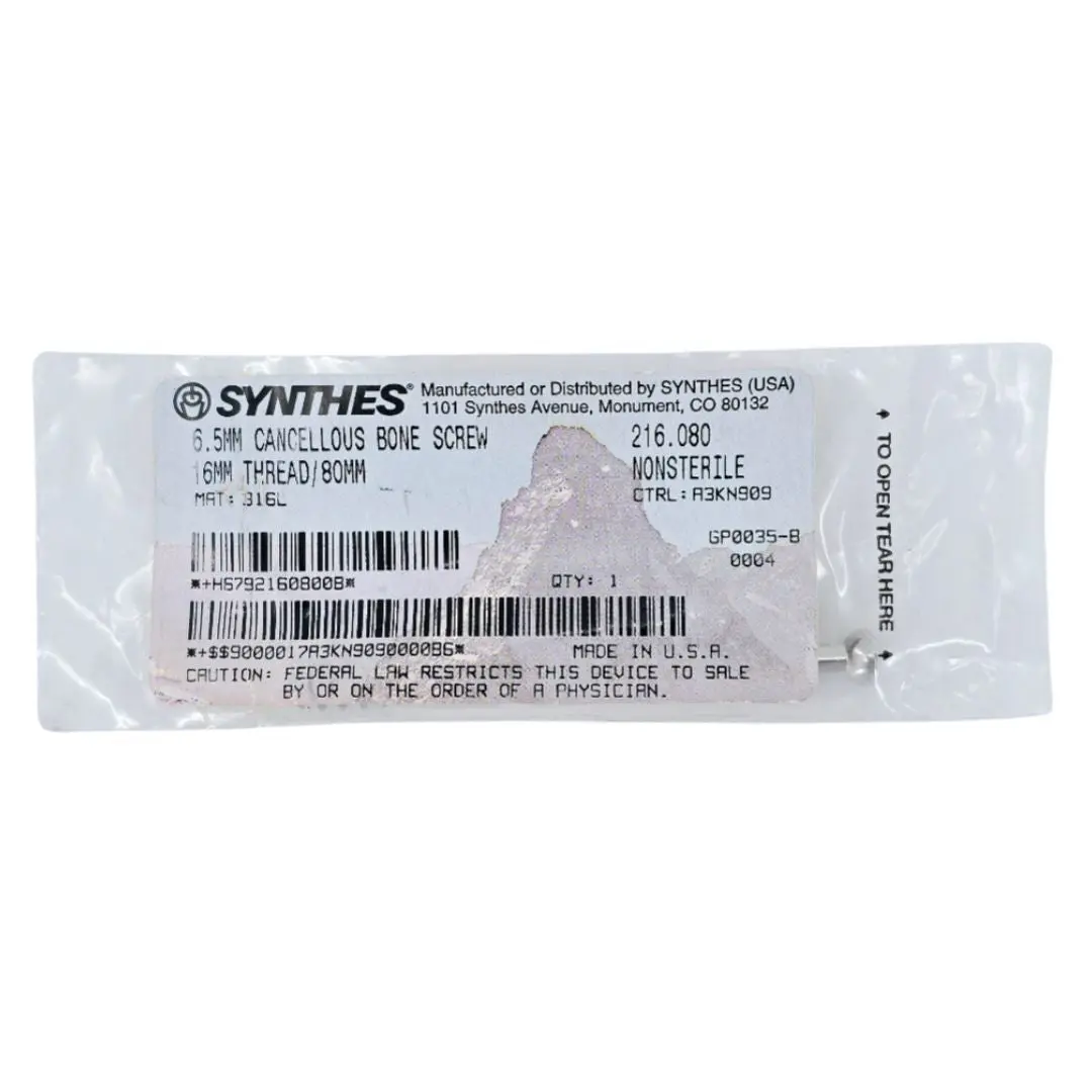 Synthes 216.080 6.5mm Cancellous Bone Screw 16mm Thread/80mm