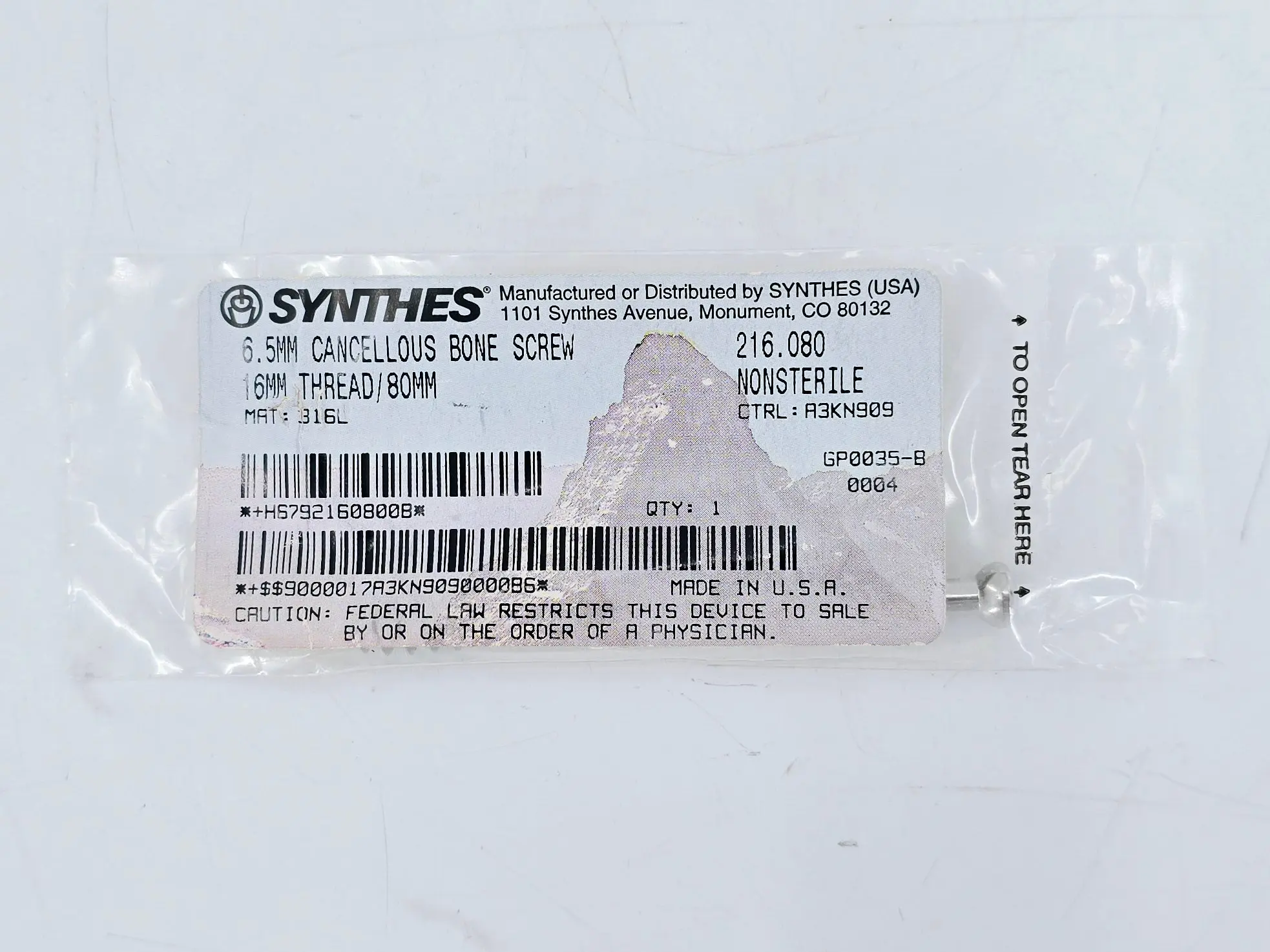 Synthes 216.080 6.5mm Cancellous Bone Screw 16mm Thread/80mm - Image 2