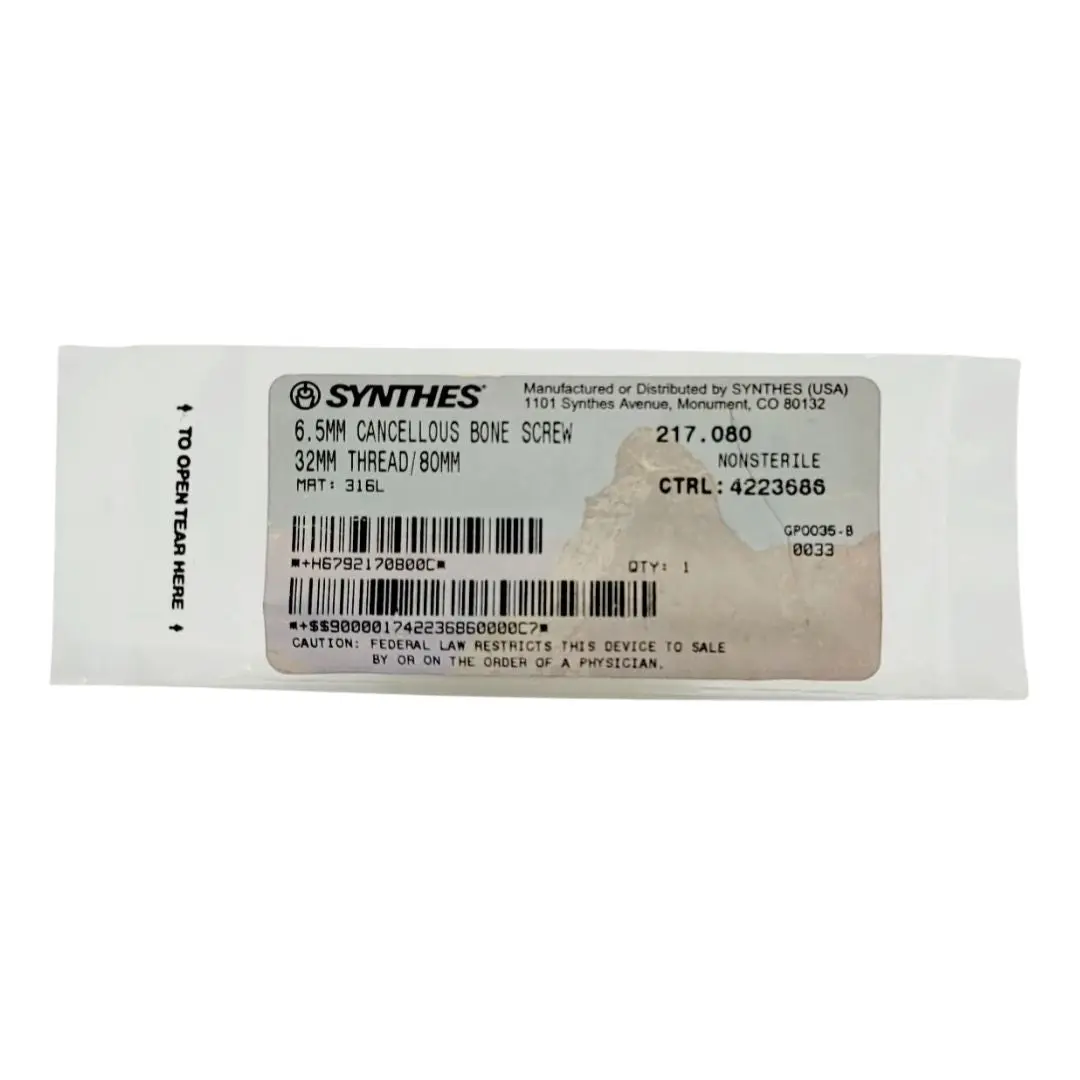Synthes 217.080 6.5MM Cabcellous Bone Screw 32mm Thread 80mm
