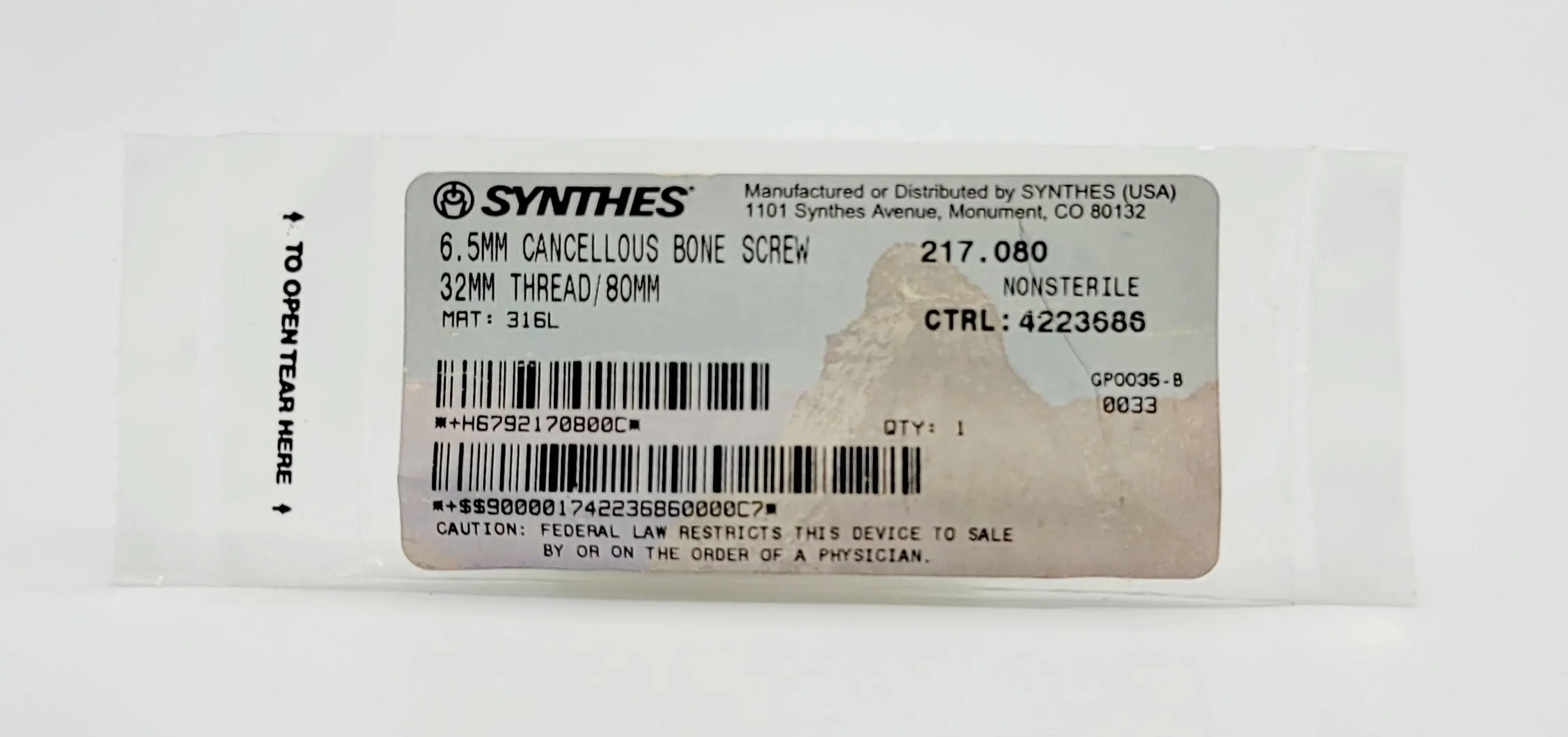 Synthes 217.080 6.5MM Cabcellous Bone Screw 32mm Thread 80mm - Image 2