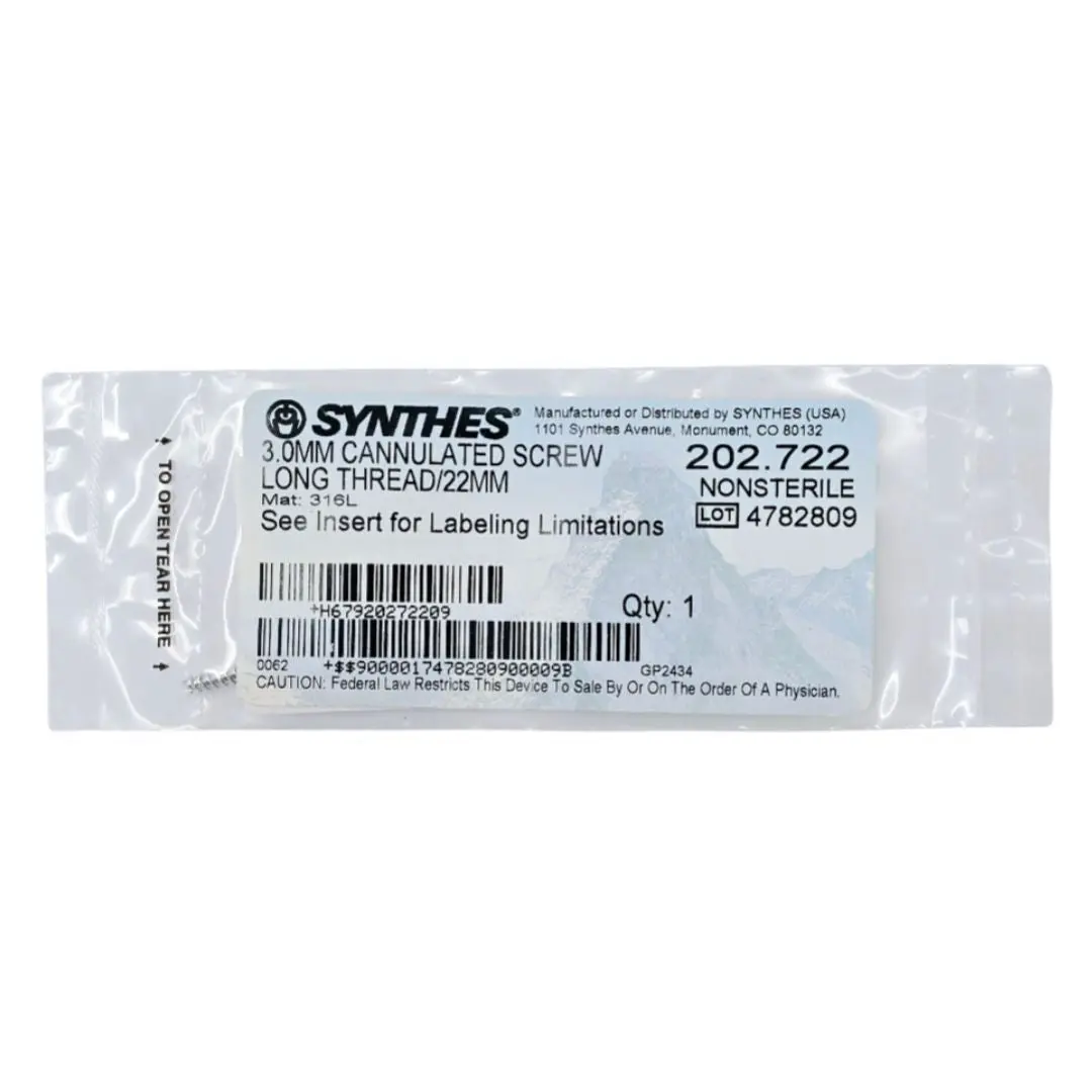 Synthes 202.722 3.0mm Cannulated Screw Long Thread/22mm