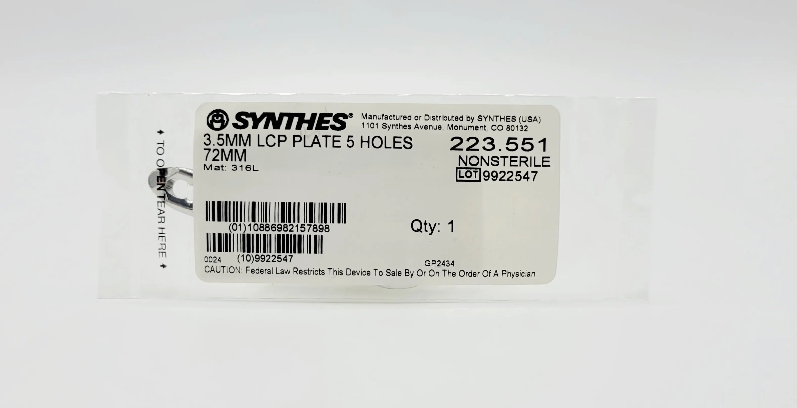 Synthes 223.551 3.5mm LCP plate 5 holes 72mm orthopedic hardware - Image 2
