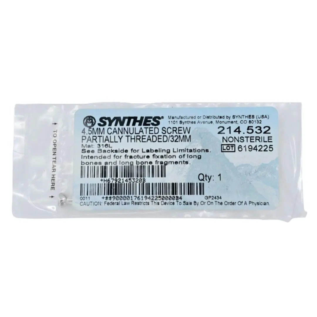 Synthes 214.532 4.5mm Cannulated Screw Partially Threaded/32mm