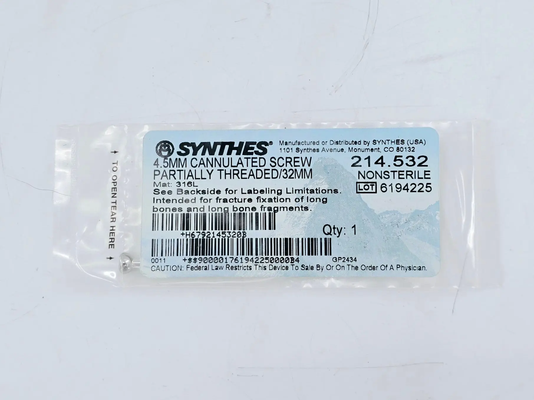 Synthes 214.532 4.5mm Cannulated Screw Partially Threaded/32mm - Image 2