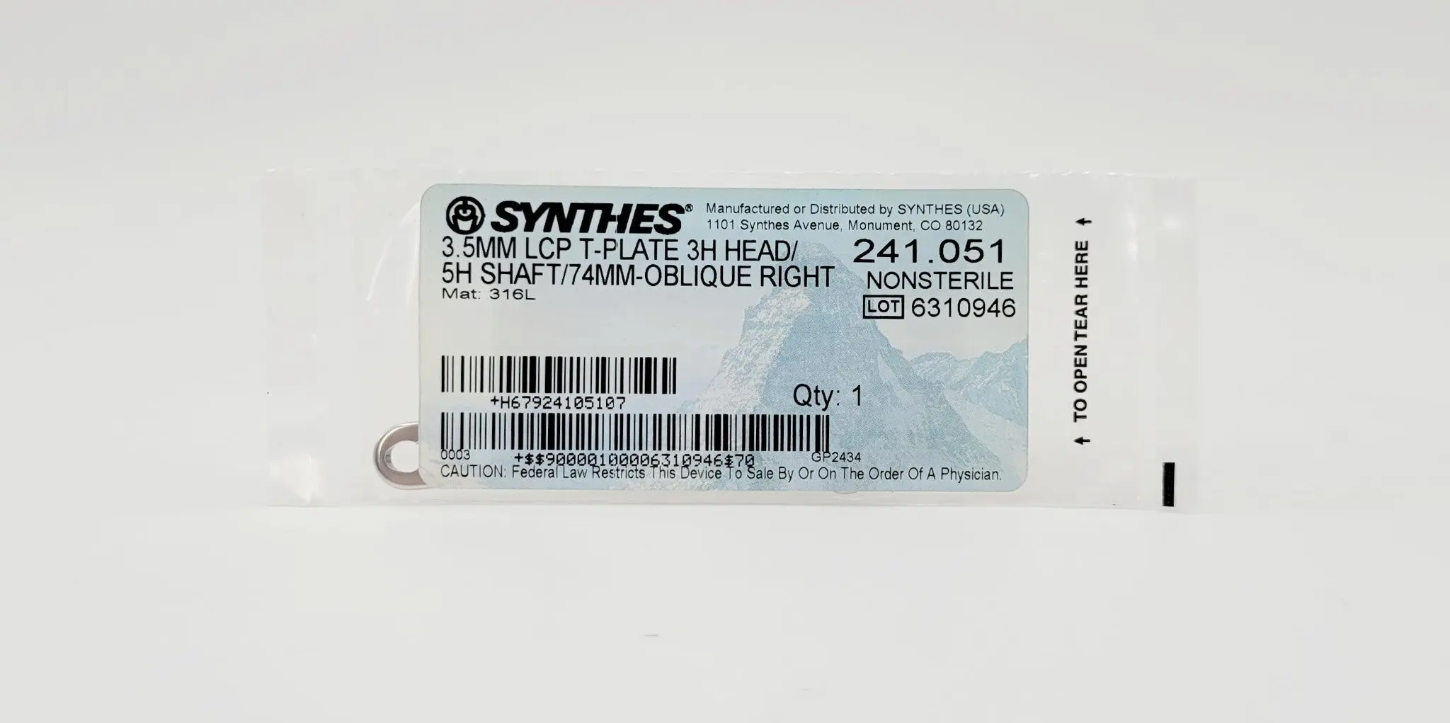 Synthes 241.051 3.5mm LCP T-Plate 3H Head 5H Shaft 74mm Oblique Right - Image 2