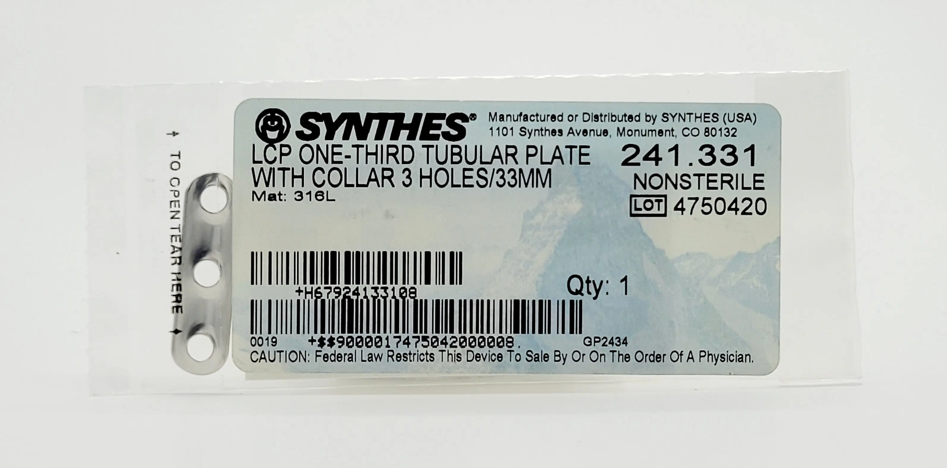 Synthes 241.331 LCP One-Third Tubular Plate With Collar 3 HOLES/33MM - Image 2