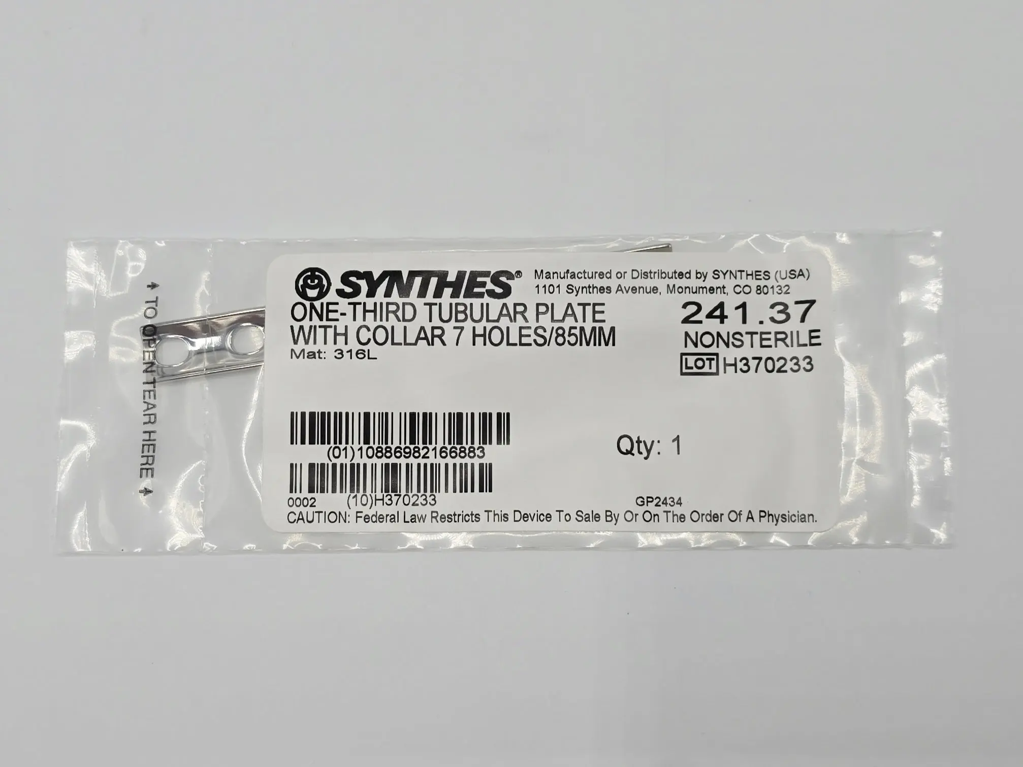 Synthes 241.37 One-Third Tubular Plate w/ Collar 7 Holes 85mm - Image 2