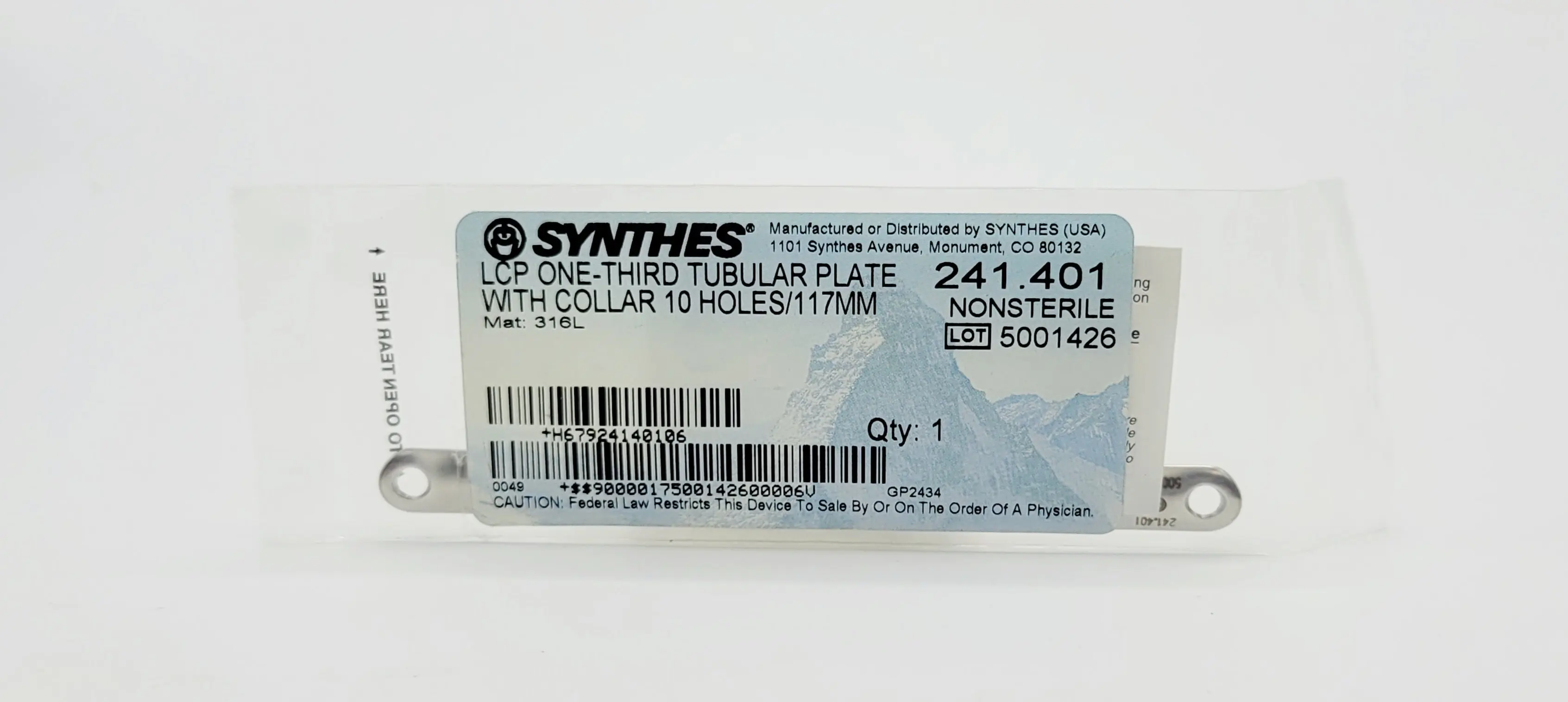 Synthes 241.401 LCP One Third Tubular Plate with Collar 10 Holes 117mm - Image 2