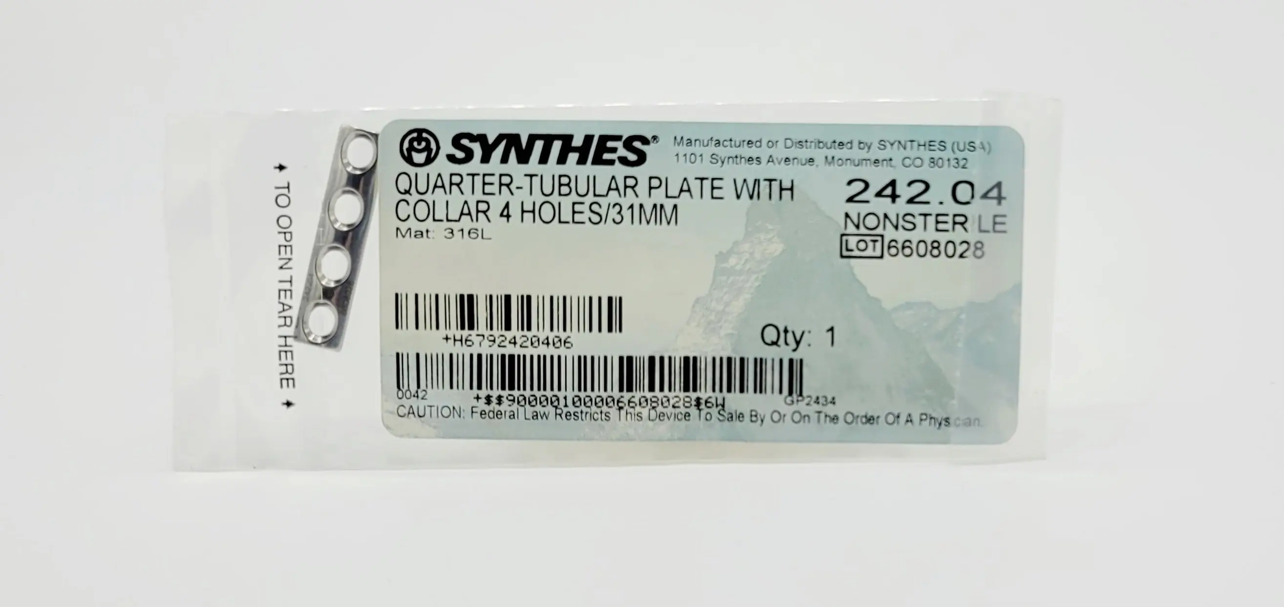 Synthes 242.04 Quarter-Tubular Plate with Collar 4 Holes 31mm Orthopedic Hardware - Image 2