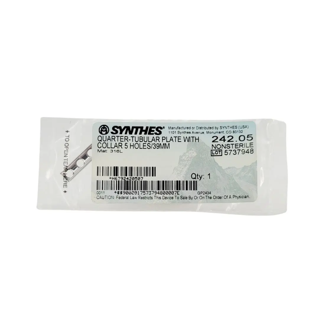 Synthes 242.05 Quarter Tubular Plate w/ Collar 5 Holes 39mm