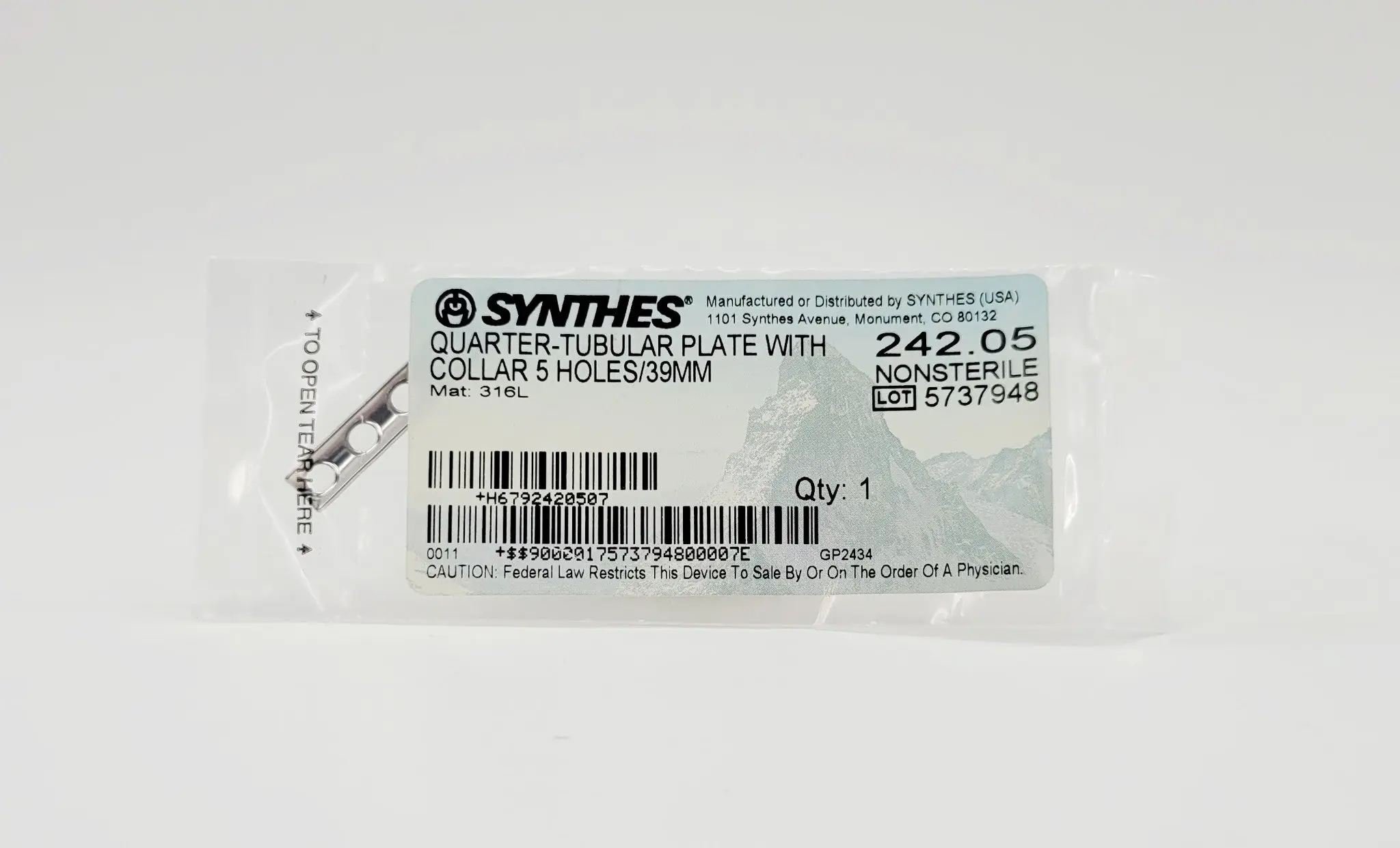 Synthes 242.05 Quarter Tubular Plate w/ Collar 5 Holes 39mm - Image 2