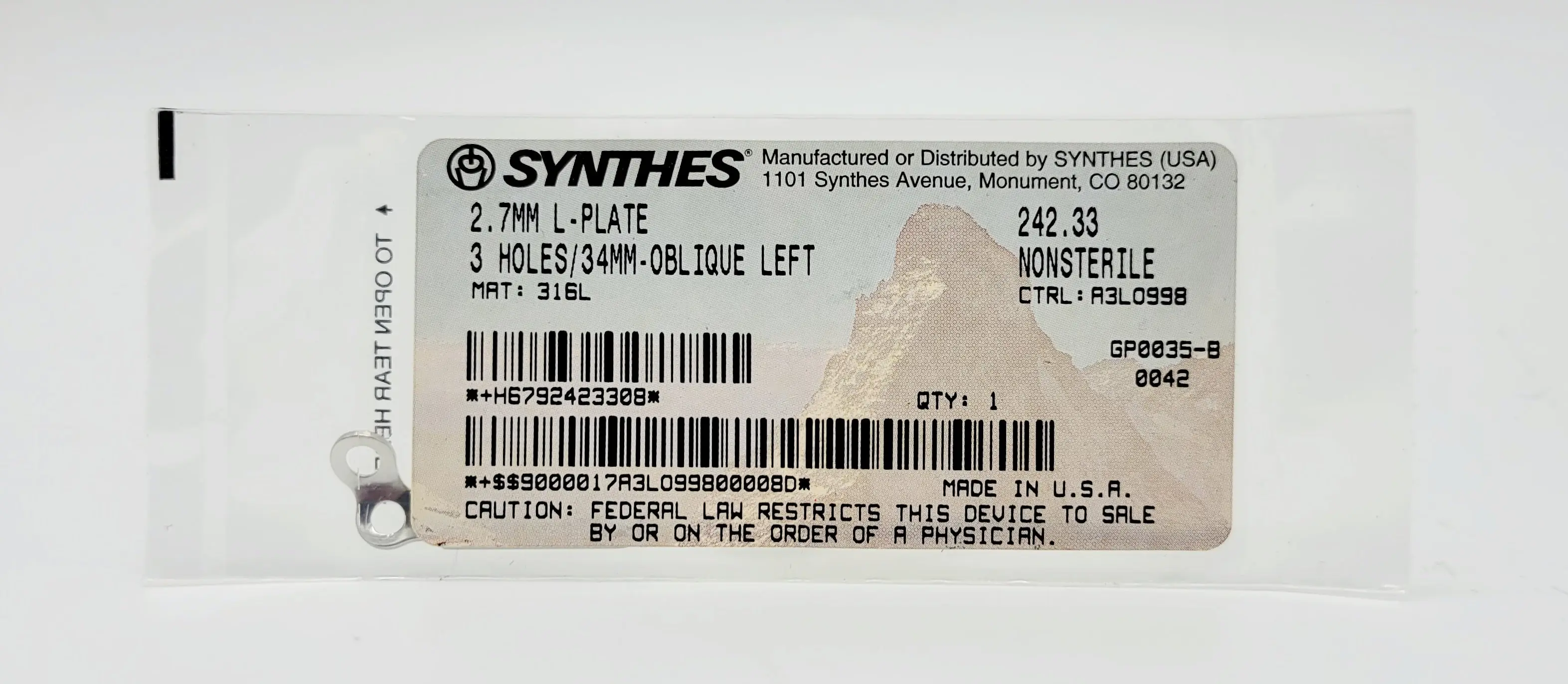 Synthes 242.33 2.7mm L-Plate 3 Holes 34mm Oblique Left Orthopedic Fixation Device - Image 2
