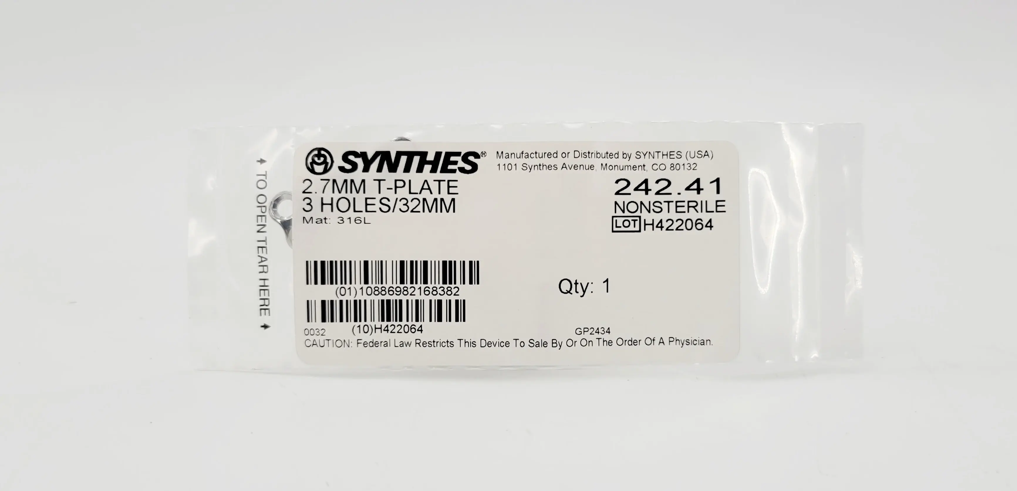 Synthes 242.41 2.7mm T-plate 3 holes 32mm orthopedic hardware - Image 2