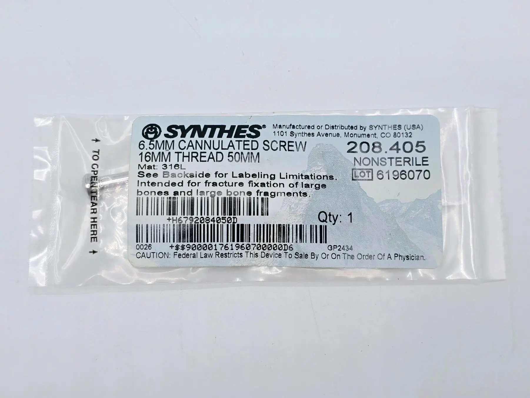 Synthes 208.405 6.5mm Cannulated Screw 16mm Thread 50mm - Image 2
