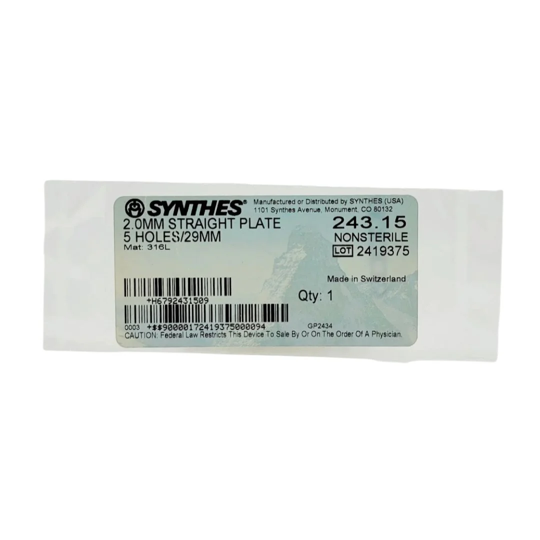 Synthes 243.15 2.0mm straight plate 5 holes 29mm orthopedic hardware