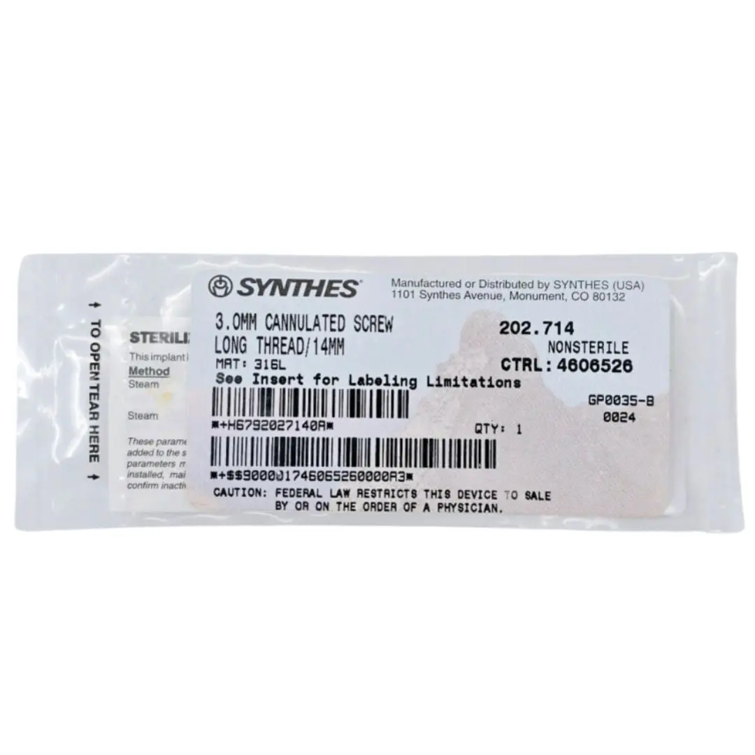 Synthes 202.714 3.0mm Cannulated Screw Long Thread 14mm