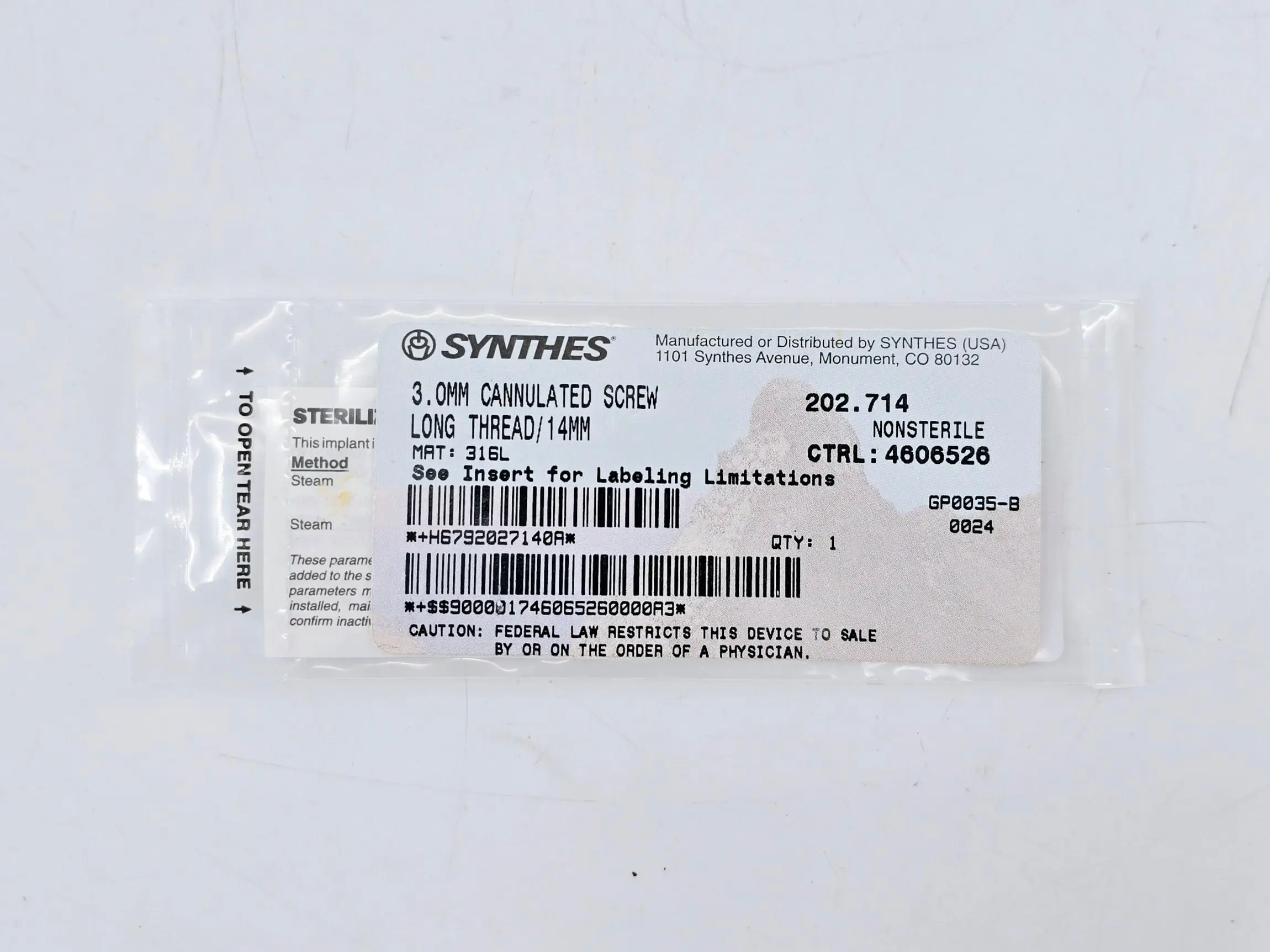 Synthes 202.714 3.0mm Cannulated Screw Long Thread 14mm - Image 2