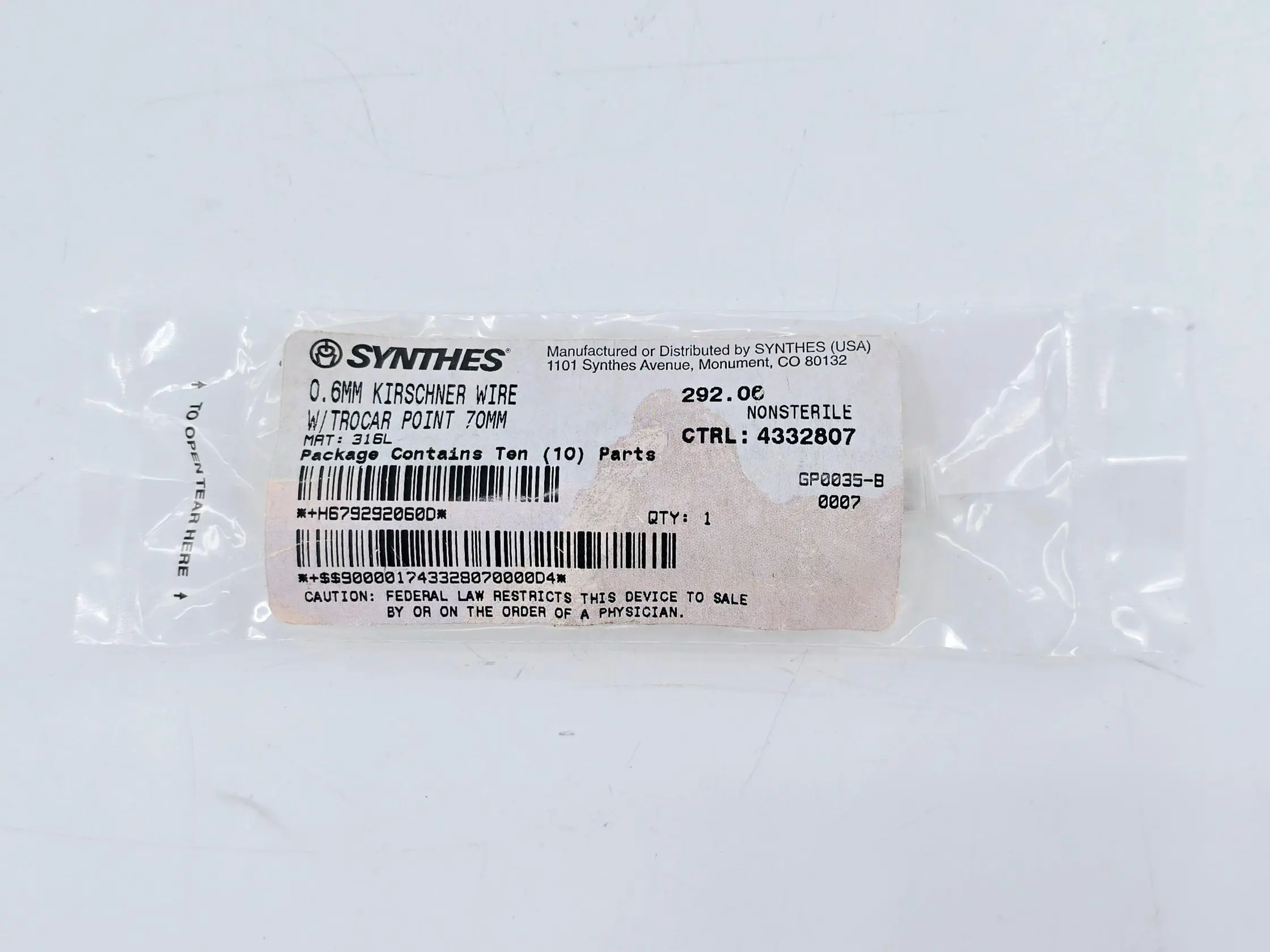 Synthes 292.06 0.6mm Kirschner Wire w/ Trocar Point 70mm Pack of 10 - Image 2