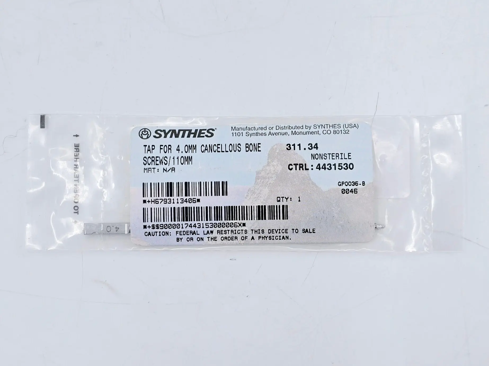 Synthes 311.34 Tap for 4.0mm Cancellous Bone Screws/110mm - Image 2