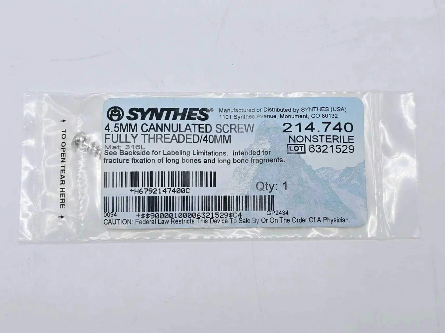 Synthes 214.740 4.5mm Cannulated Screw Fully Threaded/40mm - Image 2