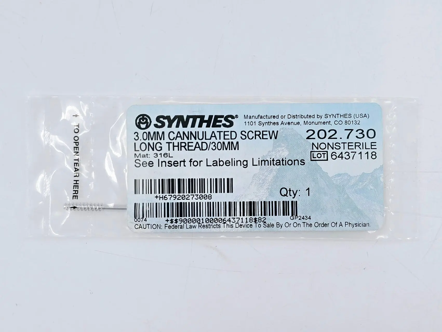 Synthes 202.730 3.0mm Cannulated Screw Long Thread/30mm - Image 2