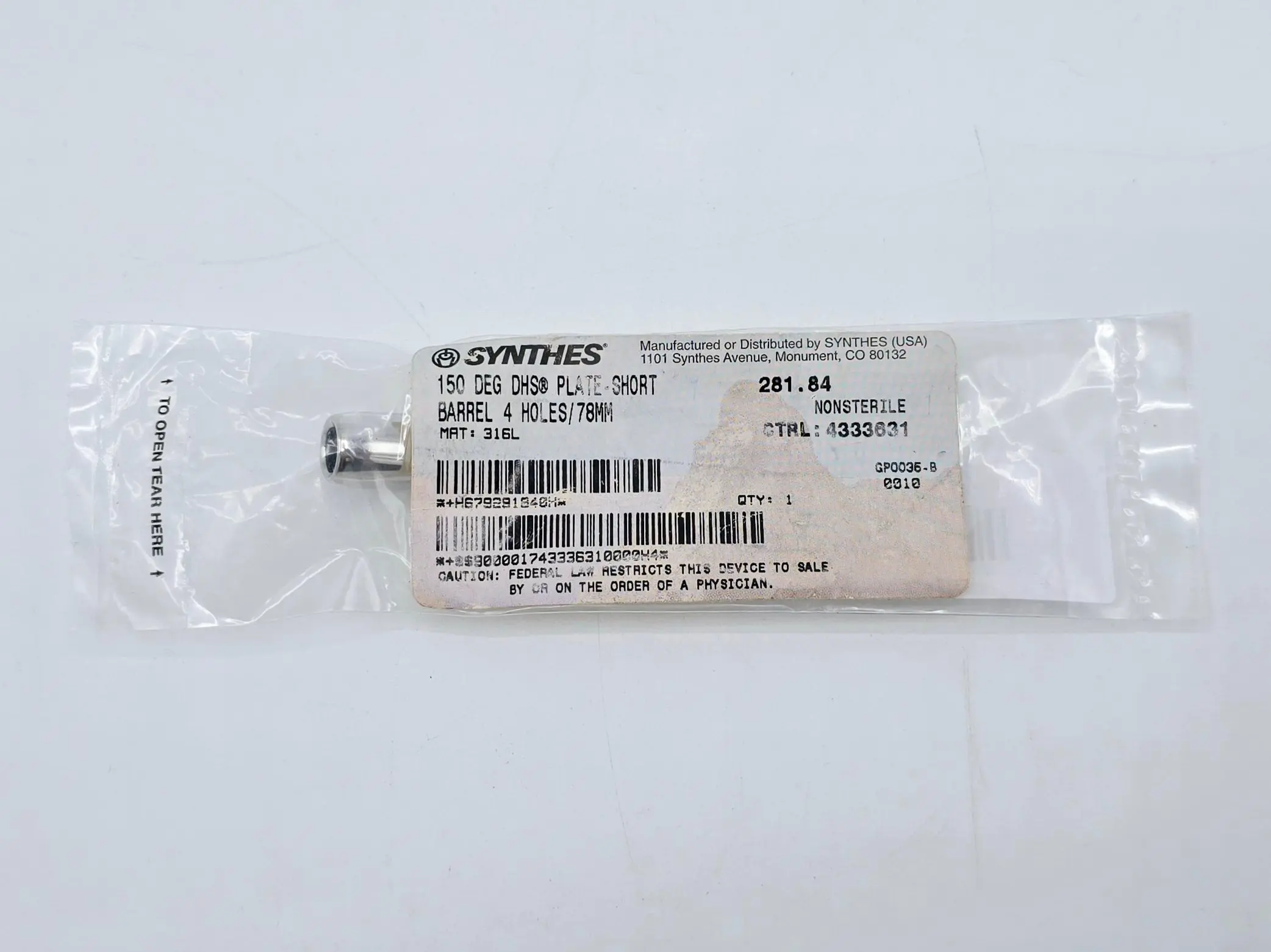 Synthes 281.84 150° DHS Plate-Short Barrel 4 Holes/78mm - Image 2