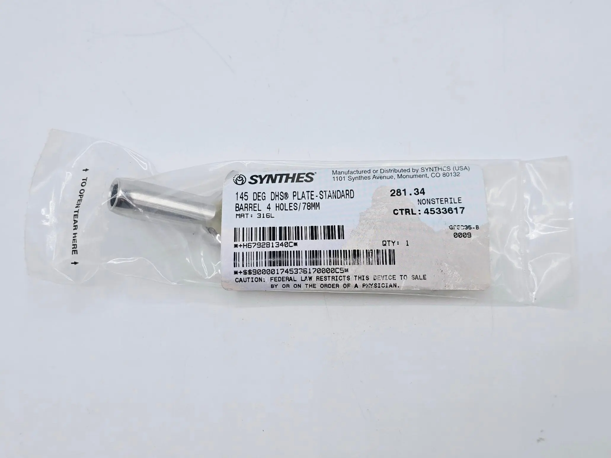 Synthes 281.34 145° DHS Plate-Standard Barrel 4 Holes/78mm - Image 2