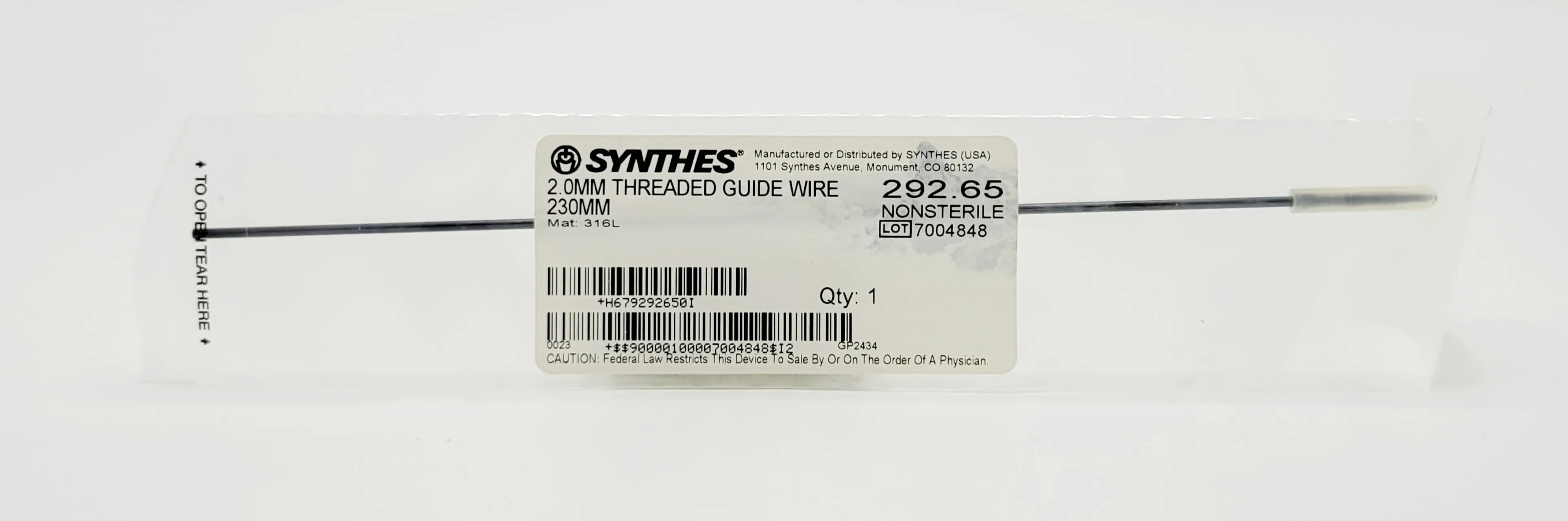 Synthes 292.65 2.0MM Threaded Guide Wire 230MM