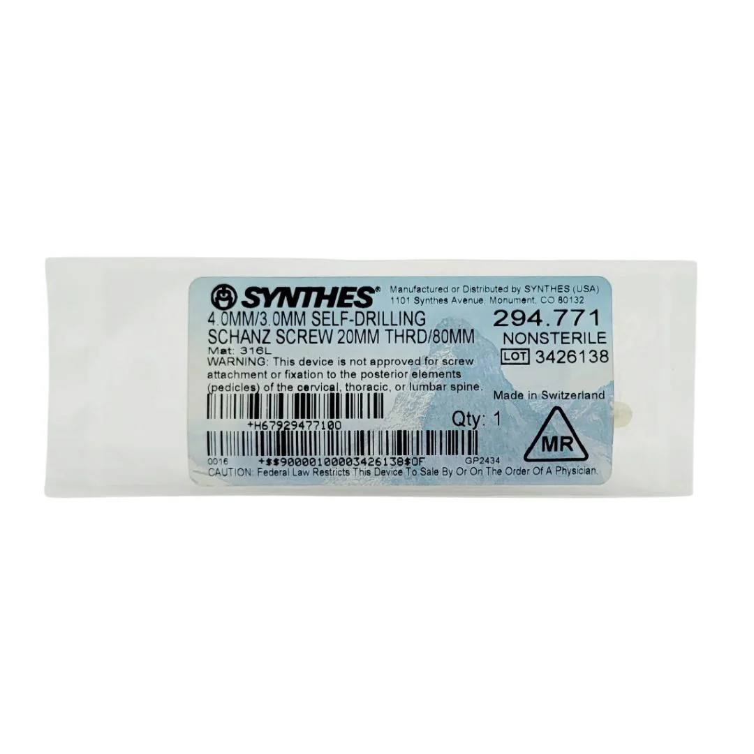 Synthes 294.771 4.0mm/3.0mm Self Drillng Schanz Screw 20mm Thread 80mm