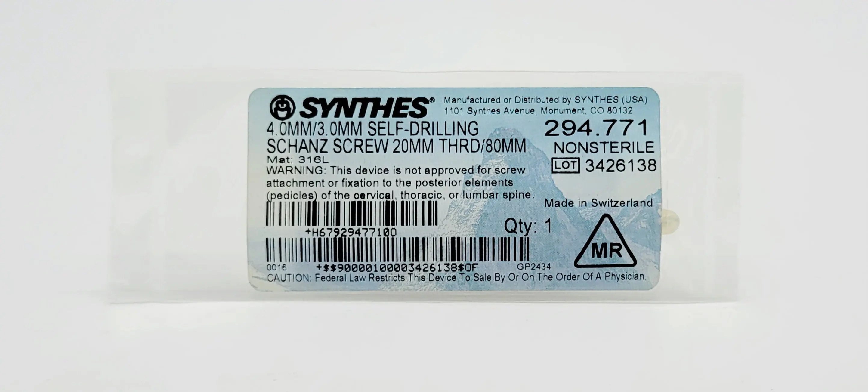 Synthes 294.771 4.0mm/3.0mm Self Drillng Schanz Screw 20mm Thread 80mm - Image 2