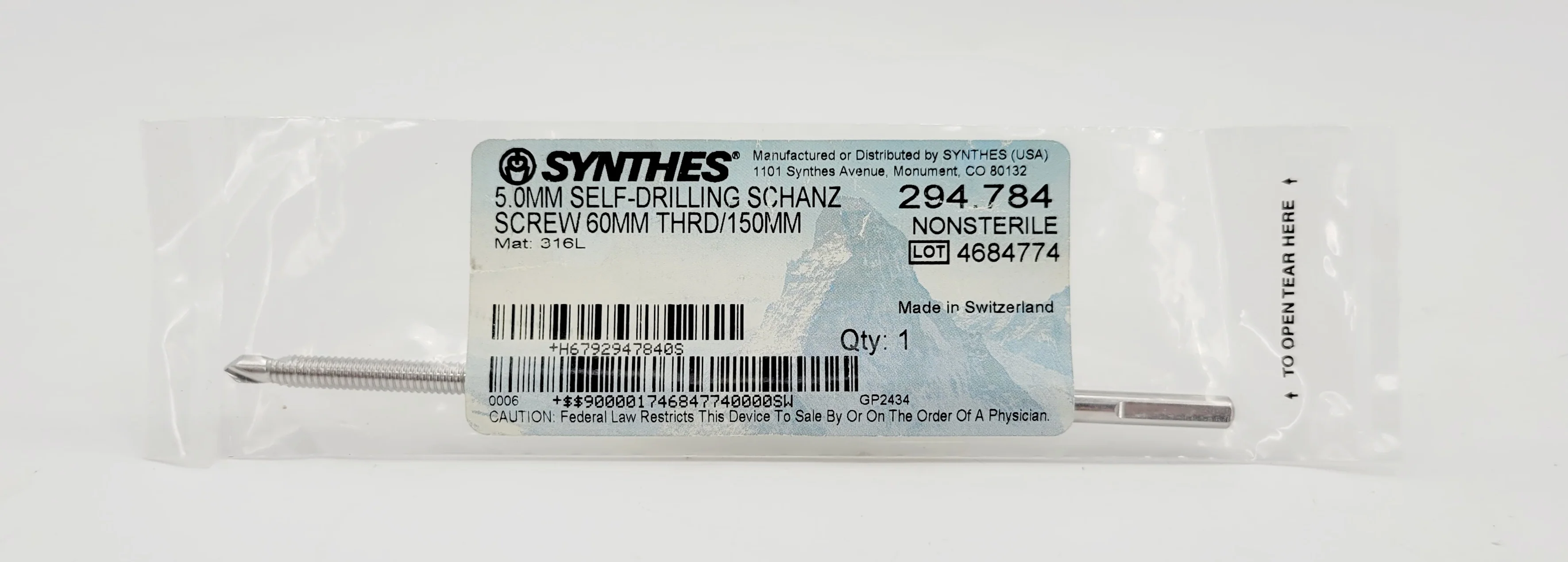 Synthes 294.784 5.0mm Self Drilling Schanz Screw 60mm Thread 150mm - Image 2