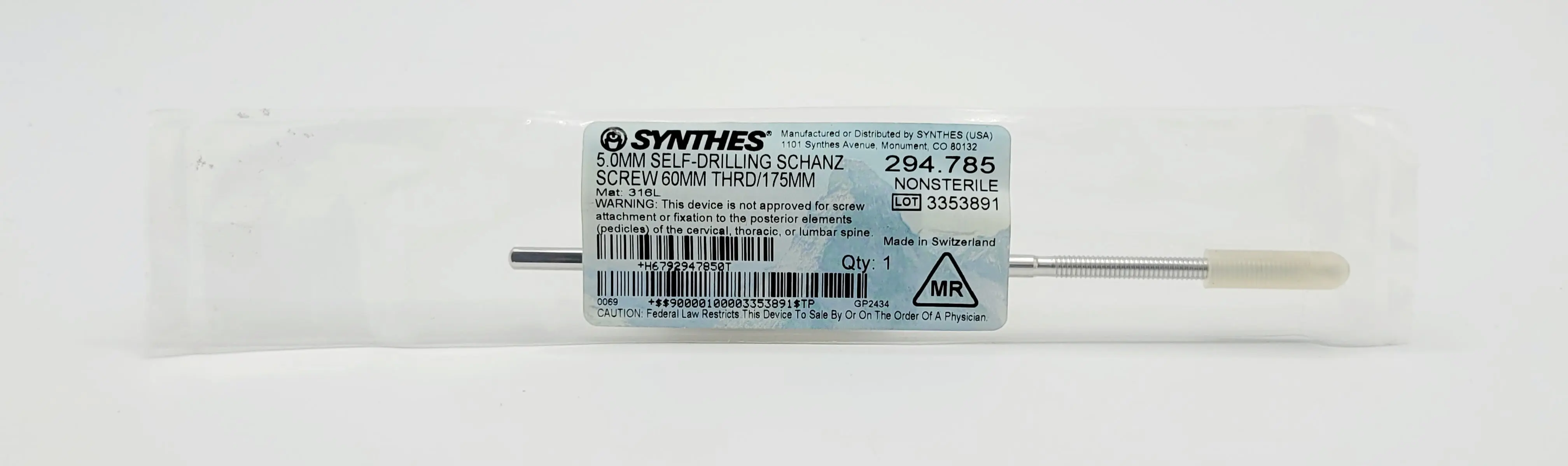 Synthes 294.785 5.0MM Self-Drilling Schanz Screw 60MM THRD/175MM - Image 2